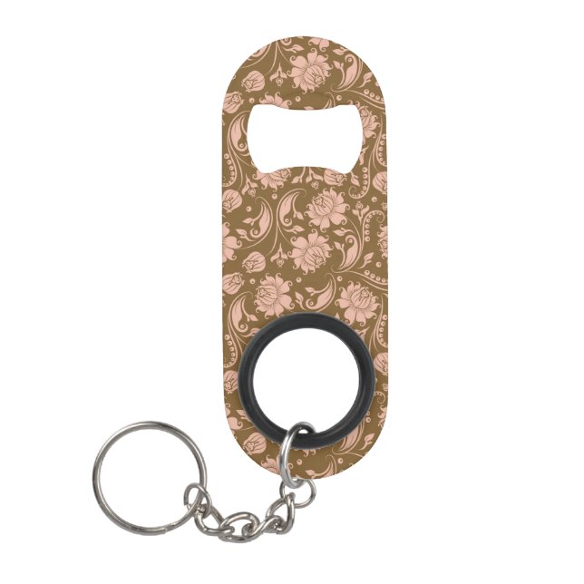 Pink and Brown Floral Pattern Keychain Bottle Opener (Front)