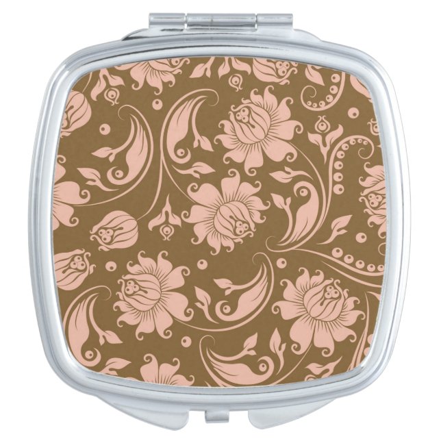 Pink and Brown Floral Pattern Mirror For Makeup (Front)