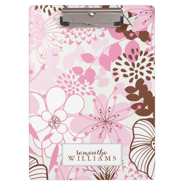 Pink and Brown Floral Pattern Personalized Clipboard (Front)