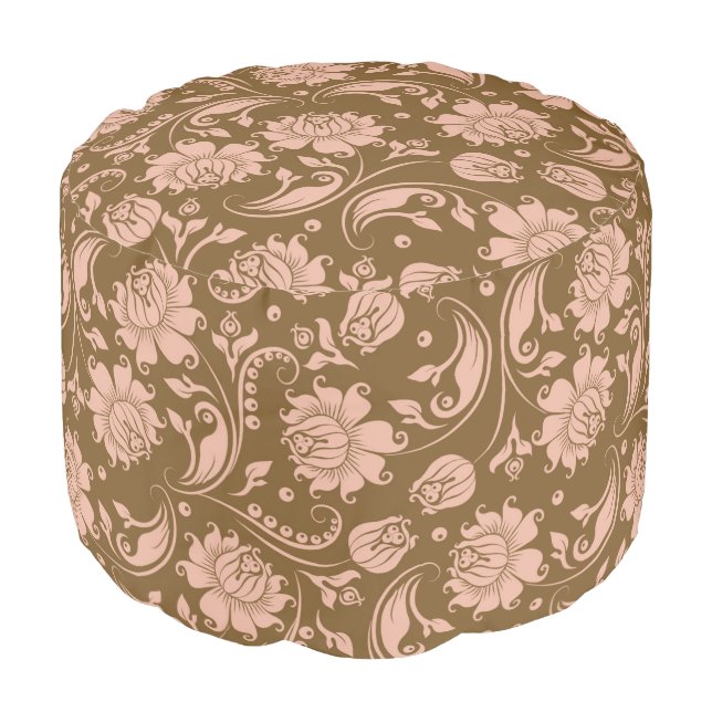 Pink and Brown Floral Pattern Pouf (Angled Front)