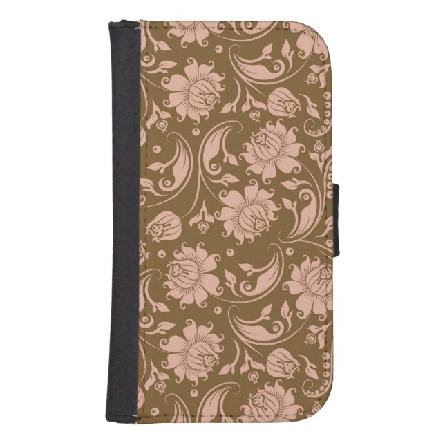 Pink and Brown Floral Pattern Samsung Galaxy Wallet Case (Front)