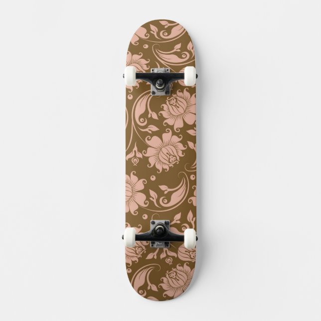 Pink and Brown Floral Pattern Skateboard Deck (Front)