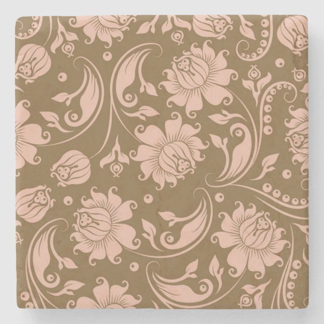 Pink and Brown Floral Pattern Stone Coaster (Front)