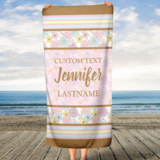 Pink and Brown Floral Pattern with Custom Name Beach Towel