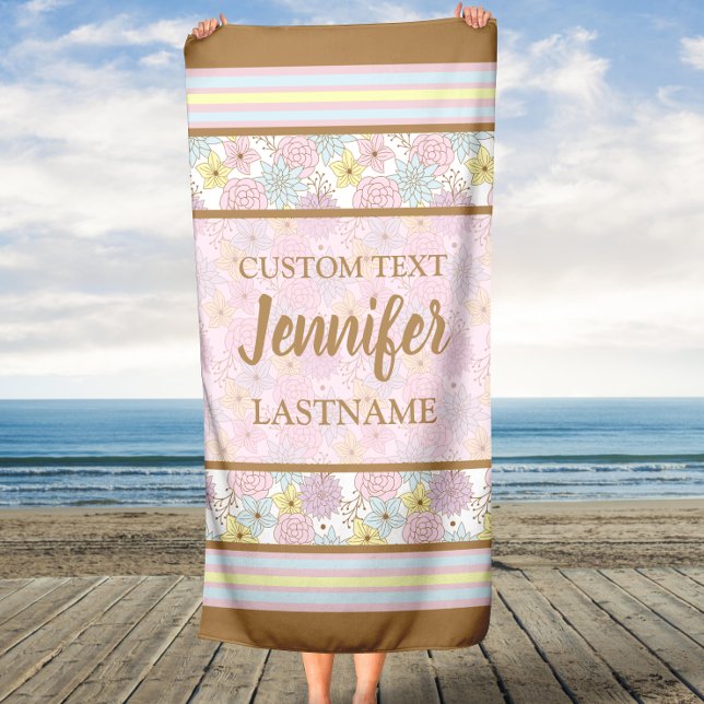 Pink and Brown Floral Pattern with Custom Name Beach Towel (Creator Uploaded)