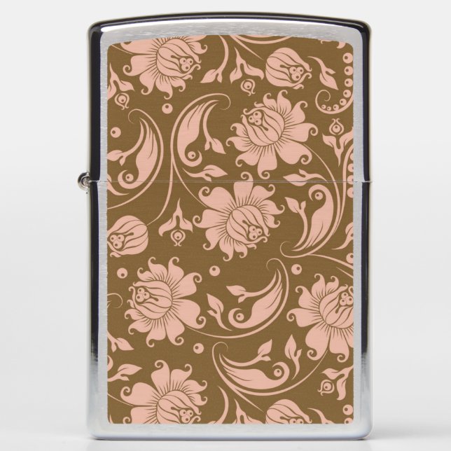 Pink and Brown Floral Pattern Zippo Lighter (Front)