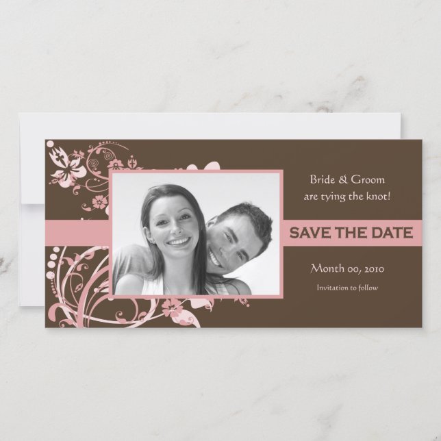 Pink and Brown Floral Save the Date Photo Cards (Front)