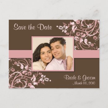 Pink And Brown Floral Save The Date Photo Postcard by PMCustomWeddings at Zazzle
