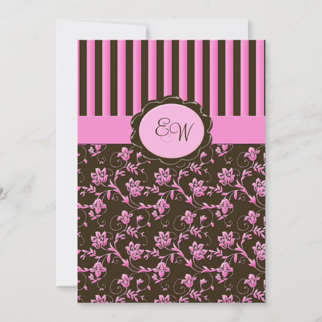 Pink and Brown Floral Stripe Monogram Invitation (Front)