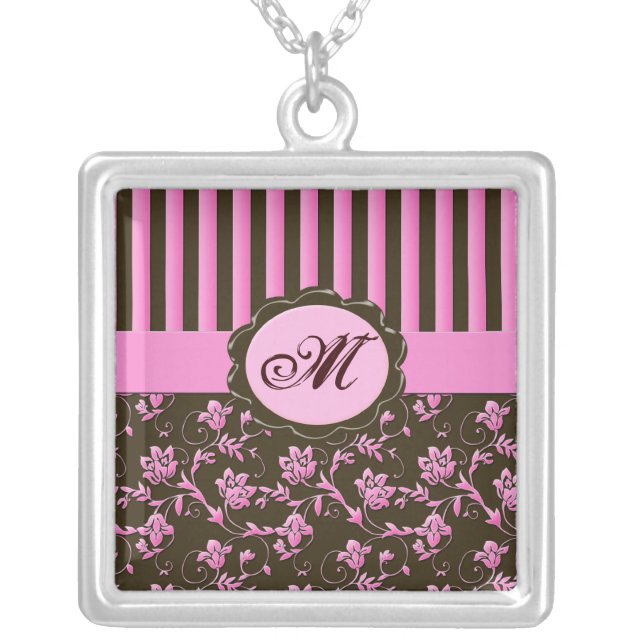 Pink and Brown Floral Striped Monogram Necklace (Front)