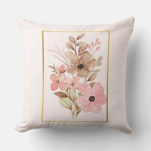 Pink and Brown Floral Throw Pillow With Gold Frame (Front)