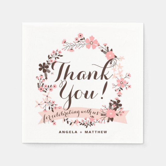 Pink and Brown Floral Wreath Wedding Thank You Napkins (Front)