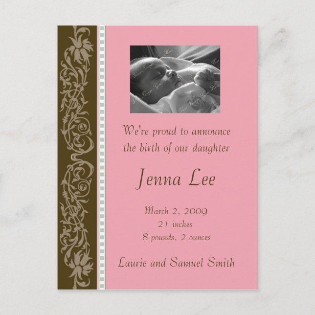 Pink and Brown Flourish (Customizable) Announcement Postcard (Front)