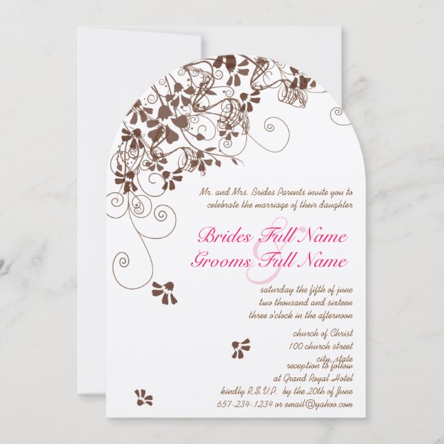 Pink and Brown Flower Swirls Wedding Invitations (Front)