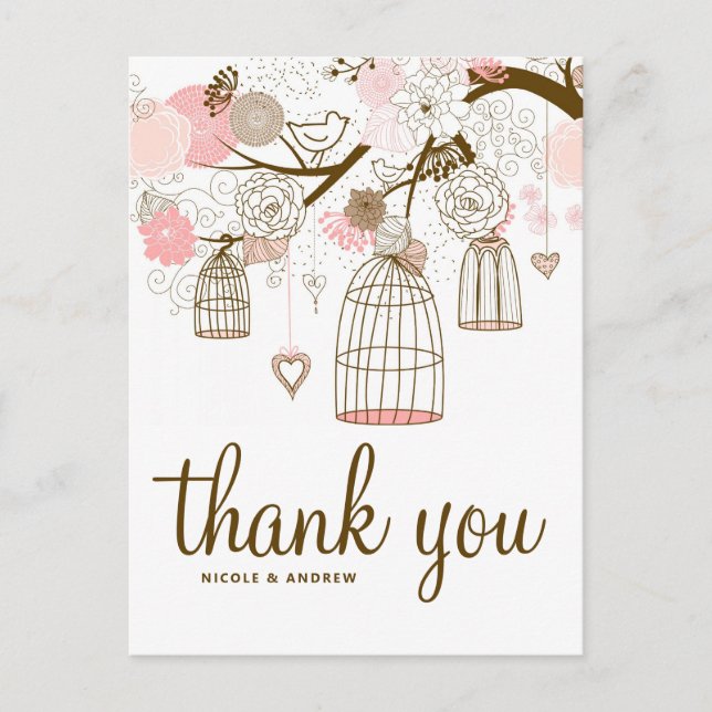 Pink and Brown Flowers & Birdcages Thank You Card (Front)