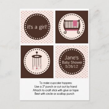Pink And Brown Girl Baby Shower Cupcake Toppers Postcard by BellaMommyDesigns at Zazzle