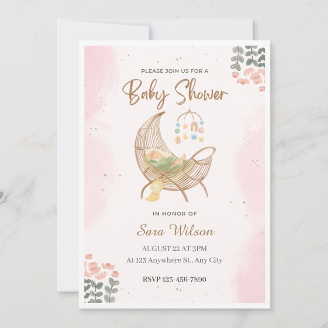 Pink and Brown Illustrative Baby Shower Invitation (Front)