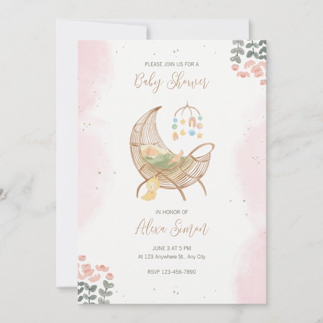 Pink and Brown Illustrative Baby Shower Invitation (Front)