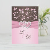 Pink and Brown Joined Hearts Monogram Invitation (Standing Front)