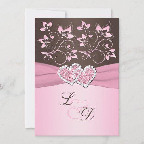Pink and Brown Joined Hearts Monogram Invitation