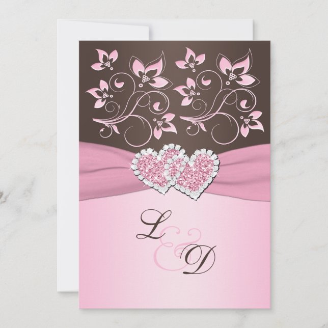 Pink and Brown Joined Hearts Monogram Invitation (Front)