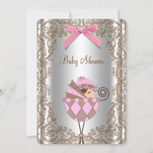 Pink Brown Lace Girl Baby Shower Invite
