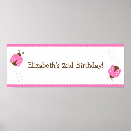 Pink and Brown Ladybug Birthday Banner Poster