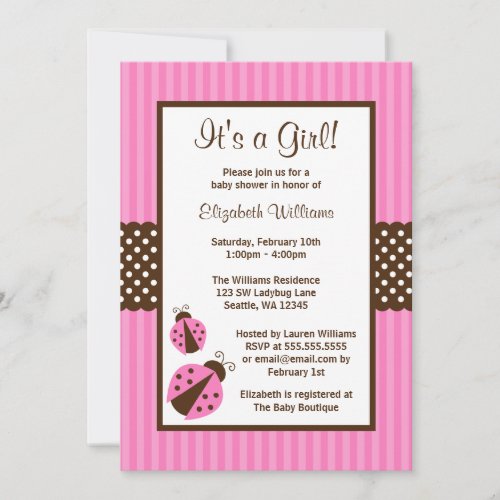 Pink and Brown Ladybug Striped Dots Baby Shower Custom Invitation