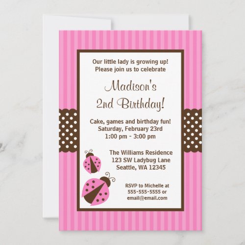 Pink and Brown Ladybug Striped Dots Birthday Party Personalized Announcement