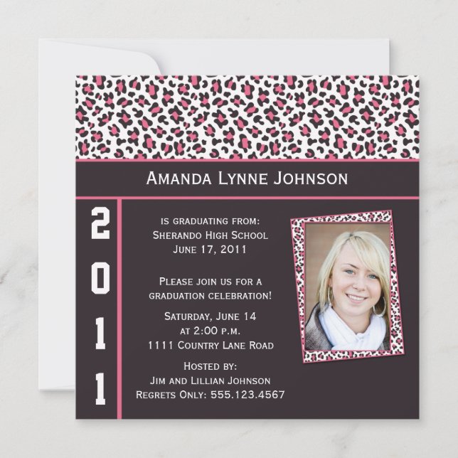 Pink and Brown Leopard Print Graduation Invitation (Front)