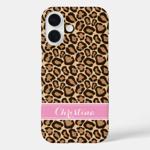 Pink and Brown Leopard Print Monogram iPhone 16 Case
