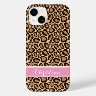 Pink and Brown Leopard Print Monogram Case-Mate iPhone 14 Case