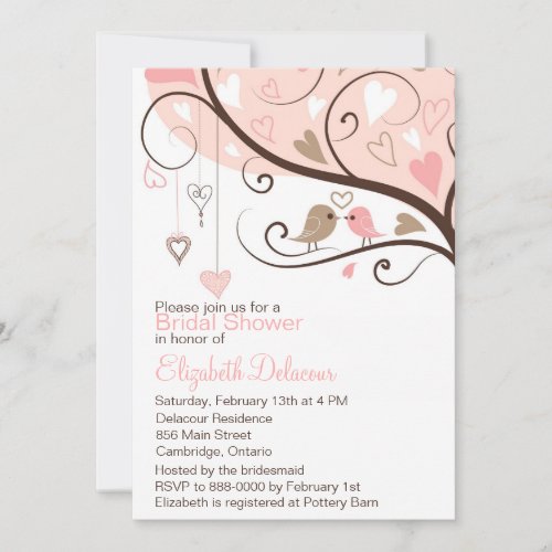 Pink and Brown Love Birds Bridal Shower Invitation