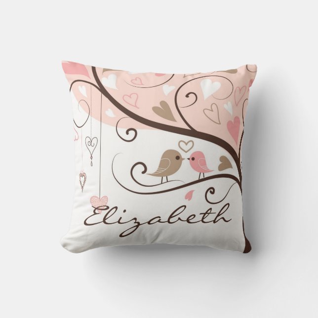 Pink and Brown Lovebirds Personalized Pillow (Front)