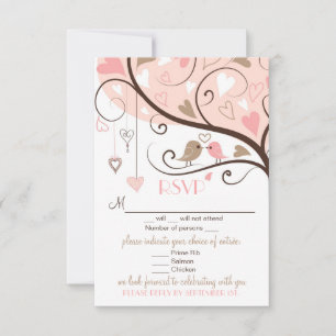 Pink and Brown Lovebirds RSVP Wedding Card