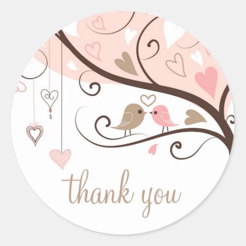 Pink and Brown Lovebirds Wedding Thank You Sticker