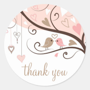 Pink and Brown Lovebirds Wedding Thank You Sticker
