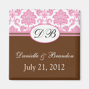 Pink and Brown Monogram Damask Wedding Magnet