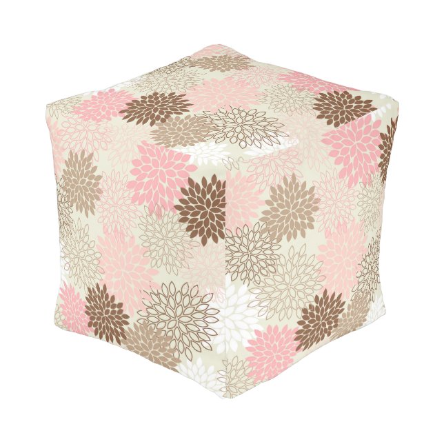 Pink And Brown Mum Pattern Pouf (Angled Front)