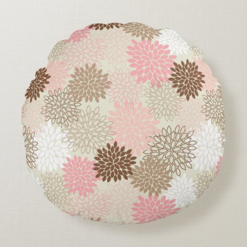 Pink And Brown Mum Pattern Round Pillow