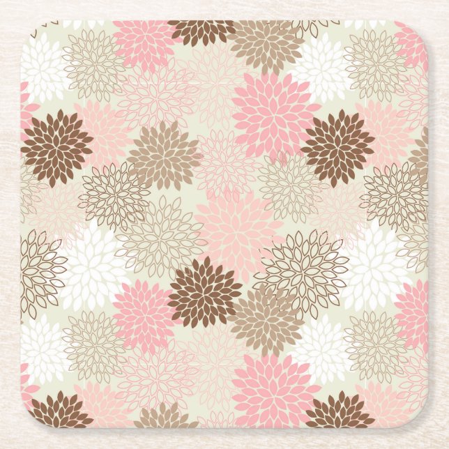 Pink And Brown Mum Pattern Square Paper Coaster (Front)