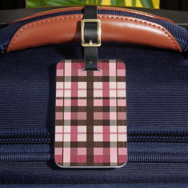 Pink and Brown Plaid Slight Distress Luggage Tag (Front Insitu 2)