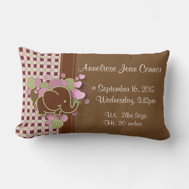Pink and Brown Plaid with Elephant Birth Pillow (Front)