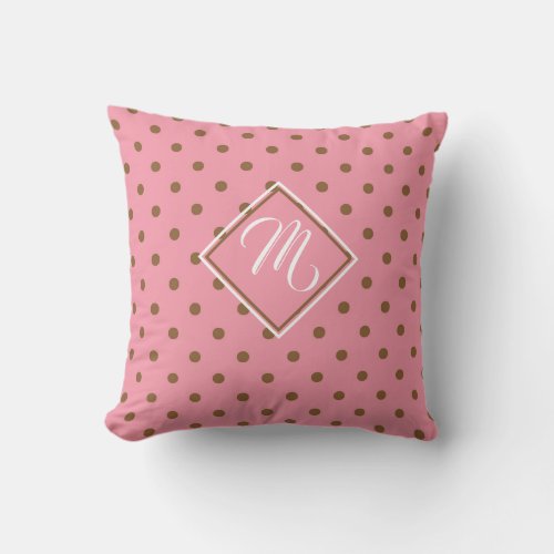 Pink and Brown Polka Dot Personalized Throw Pillow