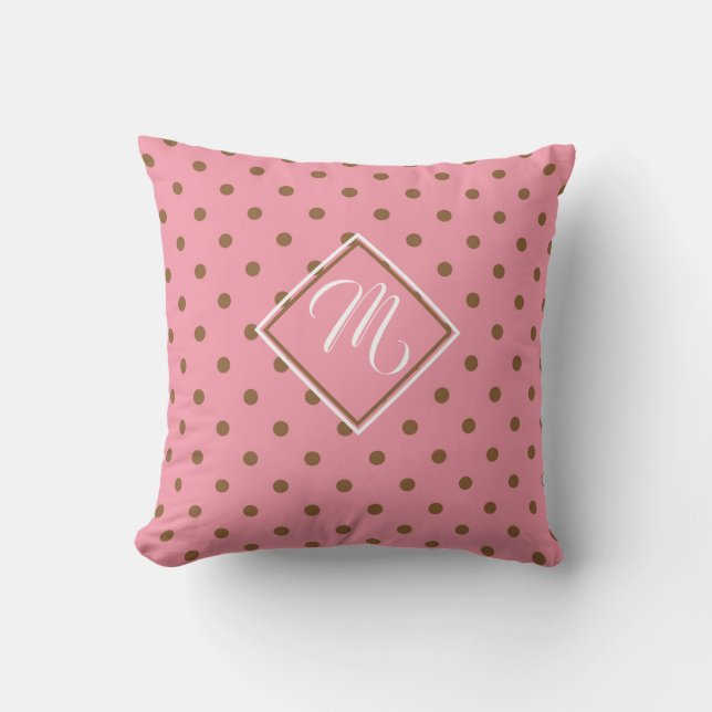 Pink and Brown Polka Dot Personalized Throw Pillow (Front)