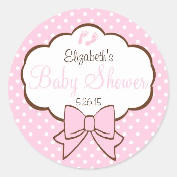 Pink And Brown Polka Dots-baby Shower Classic Round Sticker by hungaricanprincess at Zazzle