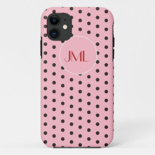Pink and Brown Polka Dots Monogrammed Initials iPhone 11 Case