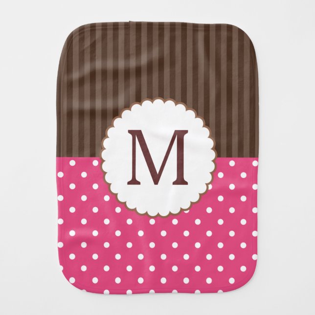 Pink And Brown Polka Dots Stripes Monogram Burp Cloth (Front)