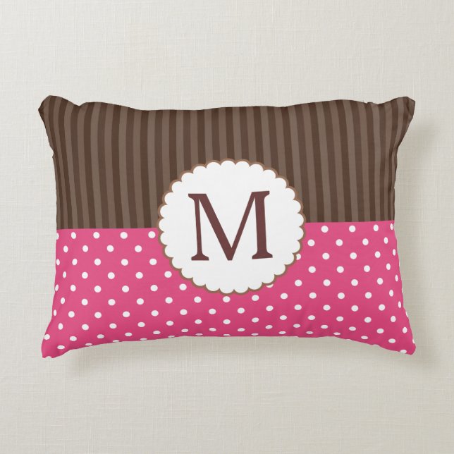 Pink And Brown Polka Dots Stripes Monogram Decorative Pillow (Front)