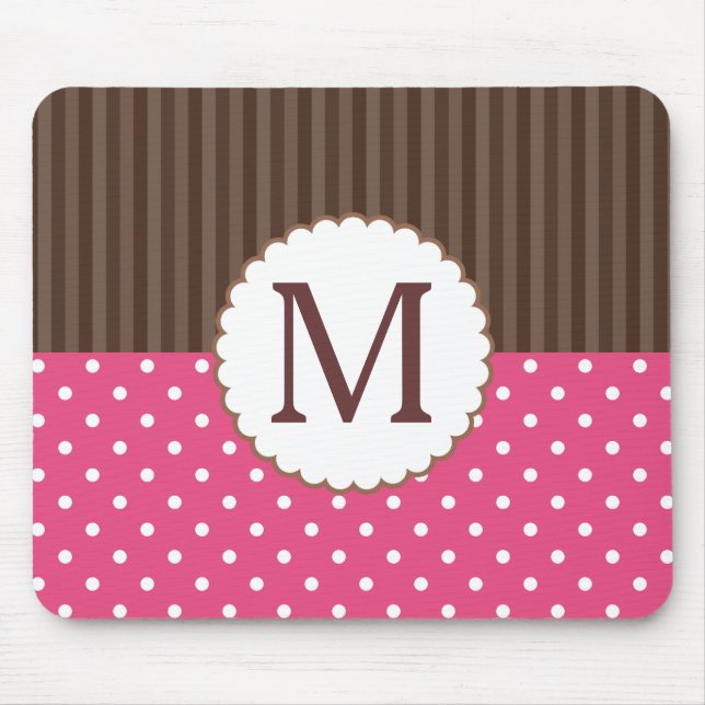 Pink And Brown Polka Dots Stripes Monogram Mouse Pad (Front)